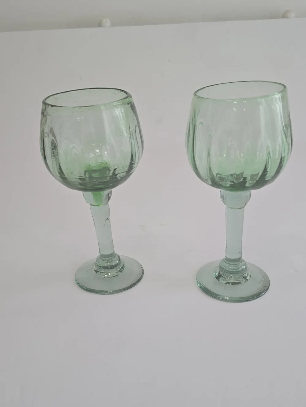 Vintage Set Of 2 Handblown Mexican Green Wine Glasses Recycled Art Glass Bubbles